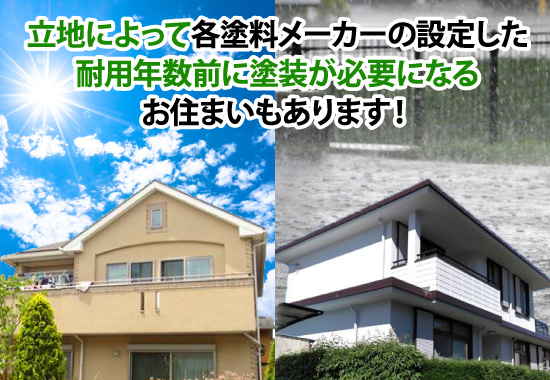 立地によって各塗料メーカーの設定した耐用年数前に塗装が必要になるお住まいもあります！