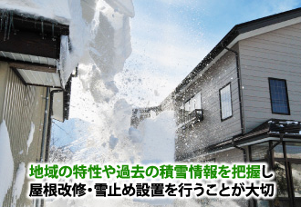 地域の特性や過去の積雪情報を把握し屋根改修・雪止め設置を行うことが大切