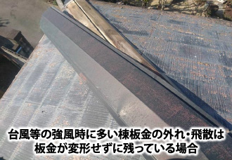 台風の強風時に棟板金のはずれ・飛散は多い