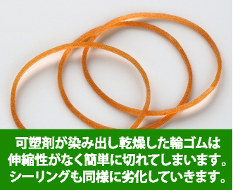 可塑剤が染み出し乾燥した輪ゴムは伸縮性がなく簡単に切れてしまいます。シーリング材も同様に劣化していきます