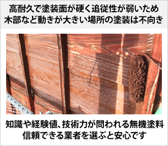 高耐久で塗装面が硬く追従性が弱いため木部など動きが大きい場所の塗装は不向き