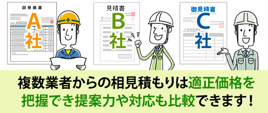 複数業者からの相見積もりは適正価格を把握でき提案力や対応も比較できます！