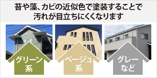 苔や藻、カビの近似色で塗装することで汚れが目立ちにくくなります