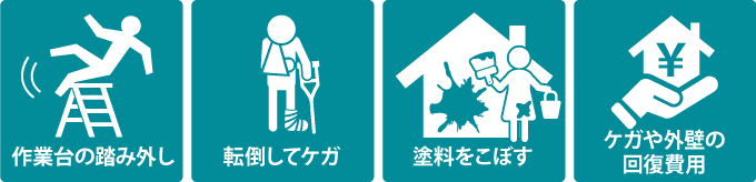 「作業台の踏み外し」「転倒してケガ」「塗料をこぼす」「ケガや外壁の回復費用」