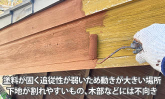 塗料が固く追従性が弱いため動きが大きい場所、下地が割れやすいもの、木部などには不向き