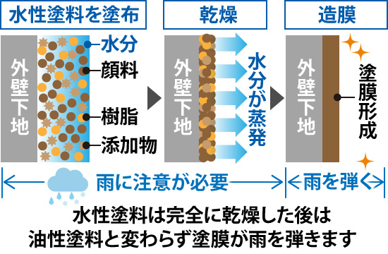 水性塗料は完全に乾燥した後は油性塗料と変わらず塗膜が雨を弾きます