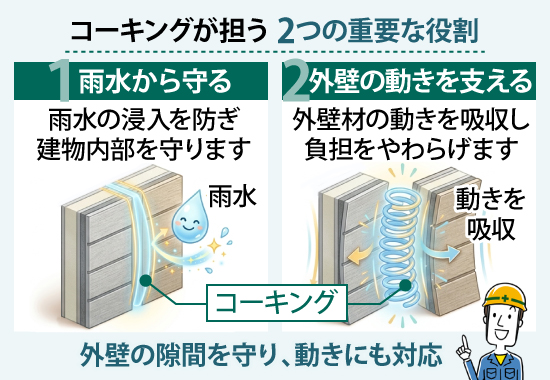 コーキングは雨水から守る、外壁の動きを支えるmなどの役割を担っています