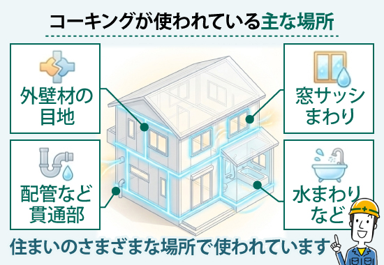 外壁材の目地・窓サッシまわり・配管など貫通部・水まわりなど住まいのさまざまな場所で使われています