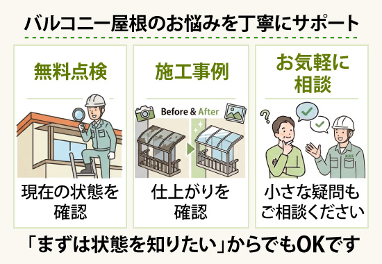 バルコニー屋根のお悩みを丁寧にサポート！「まずは状態を知りたい」からでもOKです