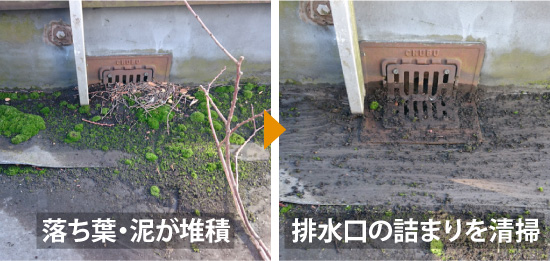 落ち葉・泥が堆積しているので排水口の詰まりを清掃しましょう