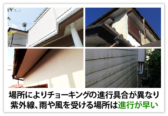 場所によりチョーキングの進行具合が異なり紫外線、雨や風を受ける場所は進行が早い