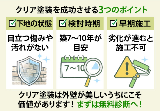 クリア塗装を成功させる3つのポイントは下地の状態、検討時期、早期施工です