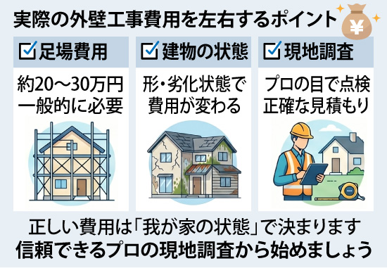 実際の外壁工事費用を左右するポイントは、足場費用・建物の状態・現地調査です