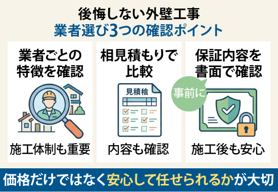 業者選び3つの確認ポイントは「業者ごとの 特徴を確認」「相見積もりで比較」「保証内容を書面で確認」です。価格だけではなく安心して任せられるかが大切