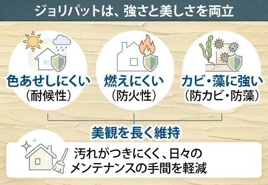 ジョリパットは、色あせしにくい（耐候性）、燃えにくい（防火性）、カビ・藻に強い（防カビ・防藻）など、強さと美しさを両立します