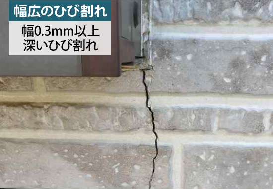 【幅広のひび割れ】幅0.3mm以上深いひび割れ