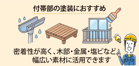 密着性が高く、木部・金属・塩ビなど幅広い素材に活用できます