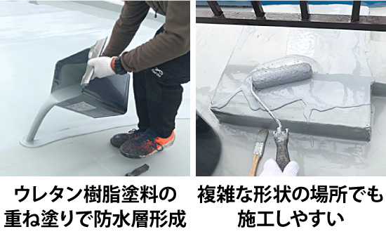 ウレタン樹脂塗料の重ね塗りで防水層を形成、複雑な形状の場所でも施工しやすい