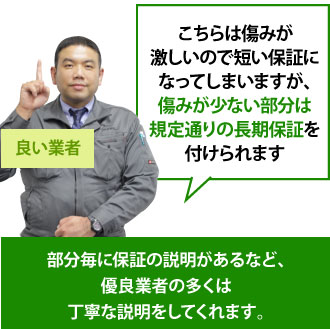 良い業者は、部分毎に保証の説明があるなど、優良業者の多くは丁寧な説明をしてくれます