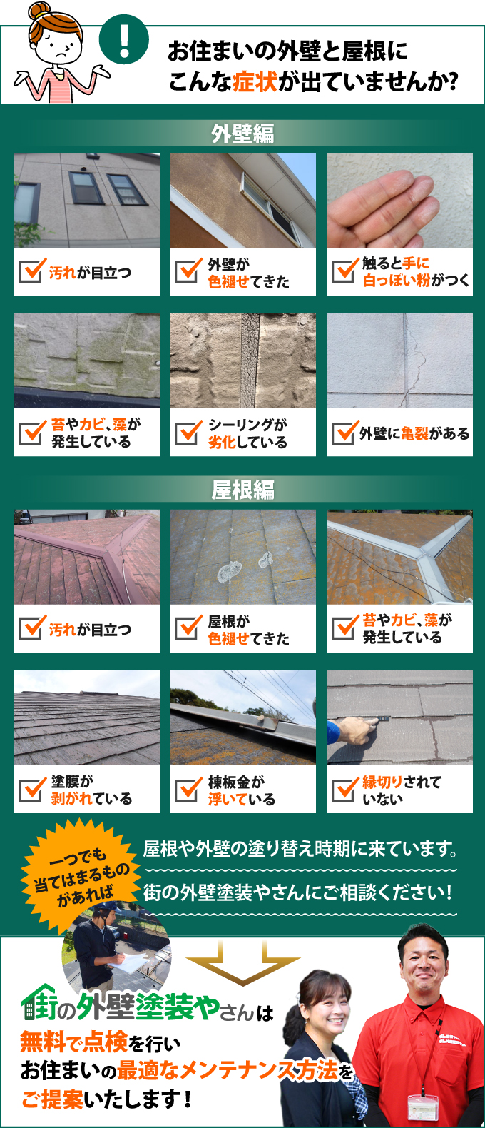 汚れが目立つ、外壁・屋根が色褪せてきた、触ると手に白っぽい粉がつく、苔やカビ、藻が発生している、シーリングが劣化している、外壁に亀裂がある、塗膜が剥がれている、棟板金が浮いている、縁切りされていない、などの症状が出ている方は、街の外壁塗装やさんで無料で点検を行いませんか?最適なメンテナンス方法をご提案します!