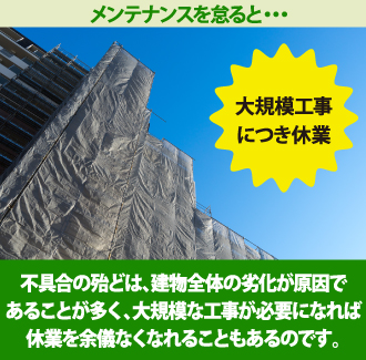 不具合の殆どは、建物全体の劣化が原因であることが多く、大規模な工事が必要になれば休業を余儀なくされることもあるのです。