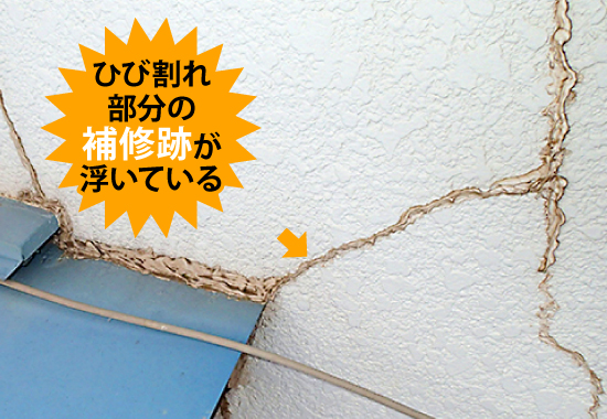 ひび割れ部分の補修跡が浮いている
