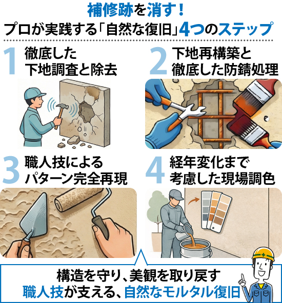 補修跡を消す！プロが実践する「自然な復旧」4つのステップで構造を守り、美観を取り戻す、職人技が支える、自然なモルタル復旧