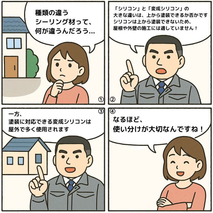 シーリング材の種類の違いについて解説する4コマ漫画