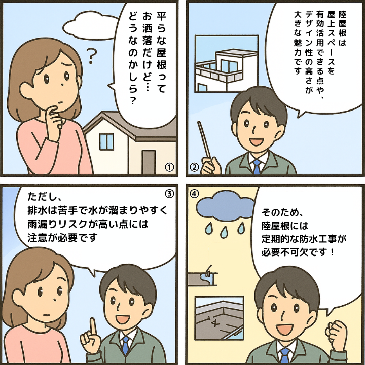 陸屋根について解説する4コマ漫画