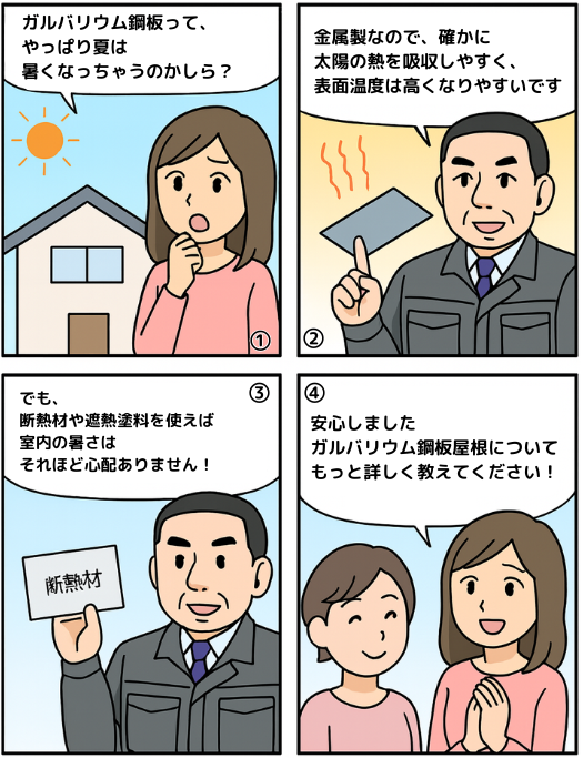 ガルバリウム鋼板屋根の暑さ対策について解説する4コマ漫画