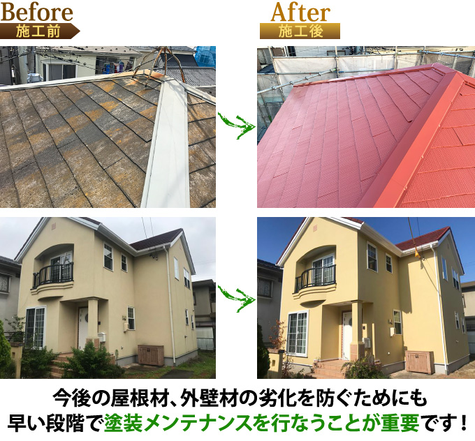 今後の屋根材、外壁材の劣化を防ぐためにも、早い段階で塗装メンテナンスを行うことが重要です！