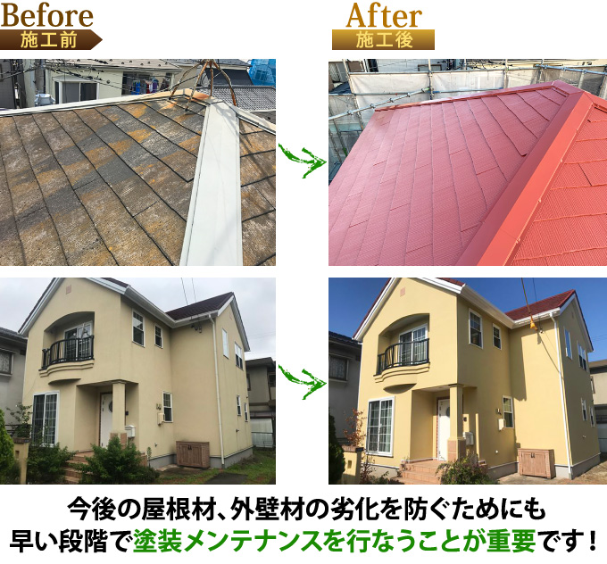 今後の屋根材、外壁材の劣化を防ぐためにも、早い段階で塗装メンテナンスを行うことが重要です!