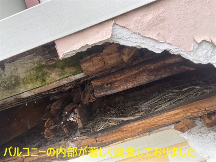三鷹市深大寺でバルコニー雨漏り調査、軒天の大きな穴と各所の割れ・内部腐食を確認