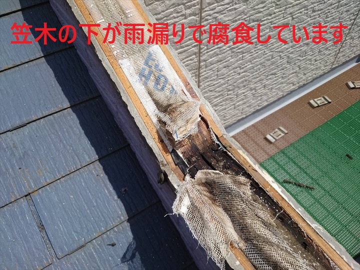 笠木の下が雨漏りで腐食しています