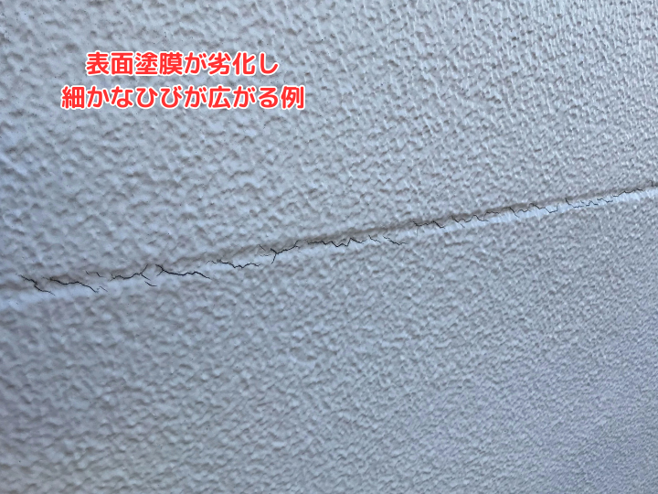 表面塗膜が劣化し細かなひびが広がる例